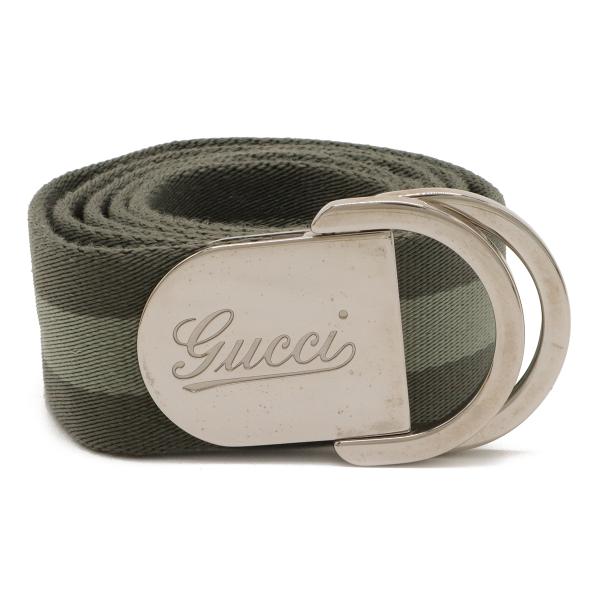 GUCCI グッチ ベルト Dリングバックル キャンバス レザー グレイッシュグリーン系 シルバー金...