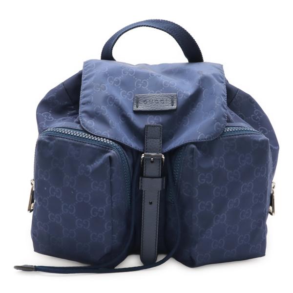 GUCCI グッチ GGナイロン リュックサック バックパック レザー ネイビー 紺 シルバー金具 ...