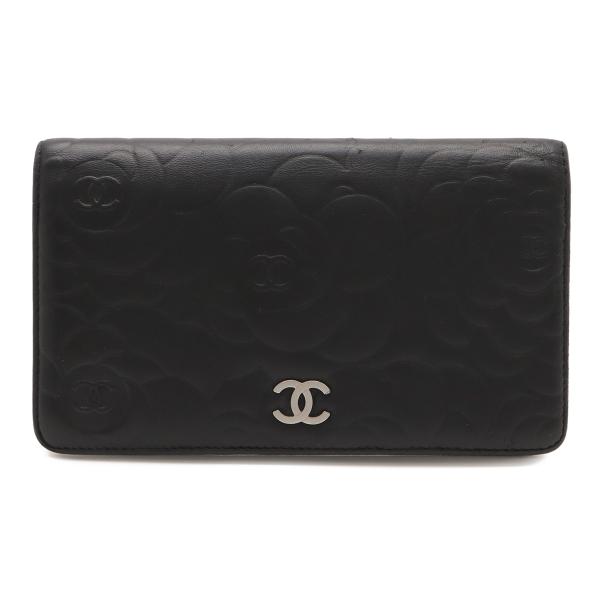 CHANEL シャネル カメリア エンボス ココマーク 2つ折長財布 二つ折り レザー ブラック 黒...