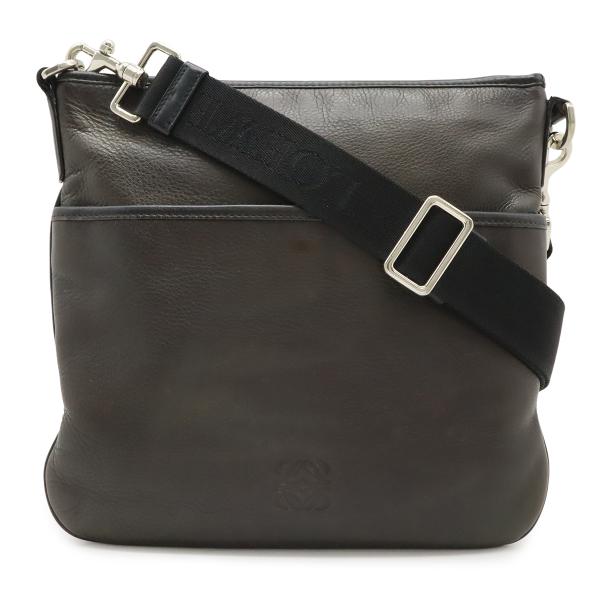 LOEWE ロエベ アナグラム ショルダーバッグ 斜め掛け マチなし レザー ダークブラウン ブラッ...