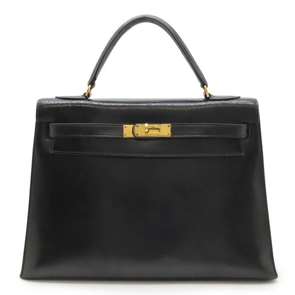 HERMES エルメス ケリー32 ハンドバッグ ヴィンテージ 外縫い ボックスカーフ レザー ブラ...