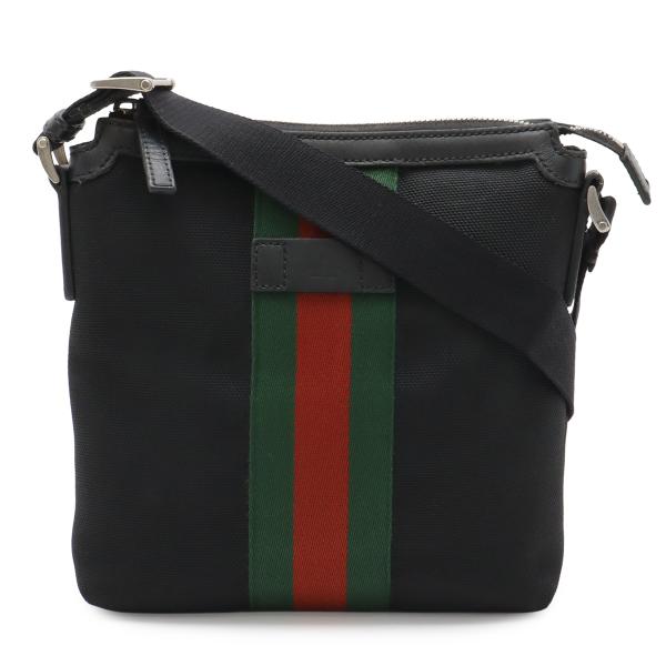 GUCCI グッチ シェリーライン ショルダーバッグ 斜め掛け ナイロンキャンバス レザー ブラック...