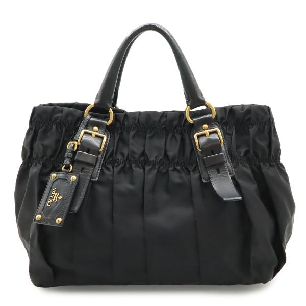 PRADA プラダ ギャザー トートバッグ ハンドバッグ ナイロン レザー NERO 黒 ブラック ...