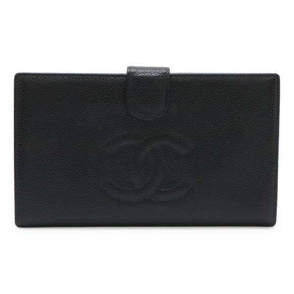 CHANEL シャネル ココマーク がま口 ガマ口 長財布 キャビアスキン レザー ブラック 黒 ゴ...