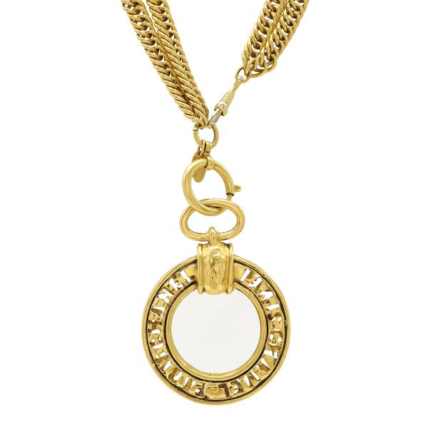 CHANEL シャネル ルーペネックレス Wチェーン ダブルチェーン ペンダント ロゴ サークル ラ...