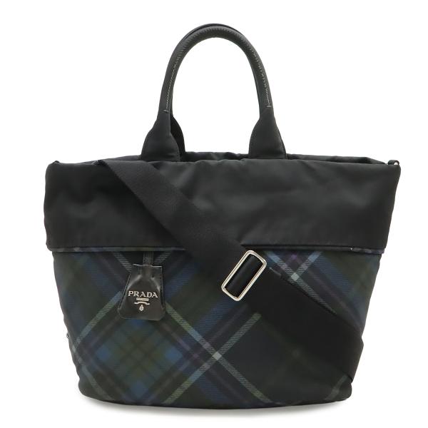 PRADA プラダ トートバッグ 2WAY ショルダーバッグ リバーシブル チェック ナイロン ブラ...