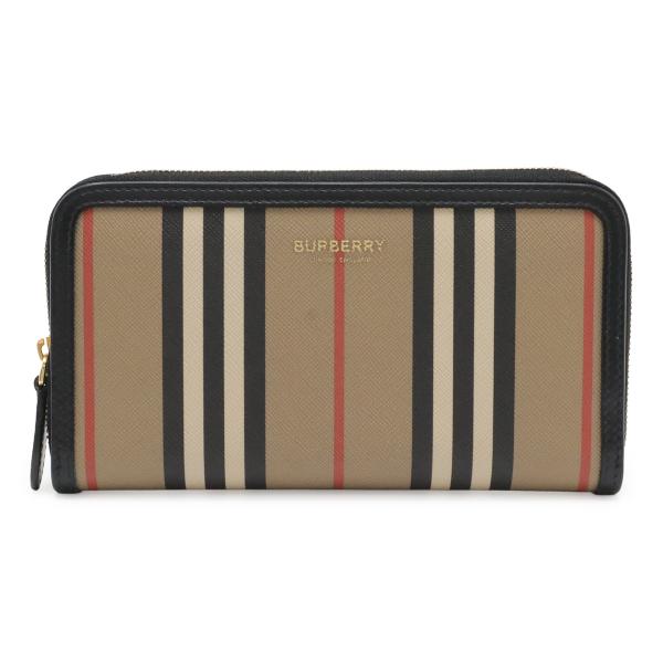 BURBERRY バーバリー エルモア ストライプ ラウンドファスナー 長財布 PVC レザー ベー...
