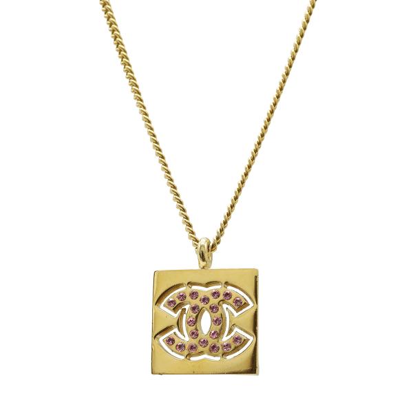 CHANEL シャネル スクエア ココマーク ネックレス ペンダント ラインストーン GP ゴールド...