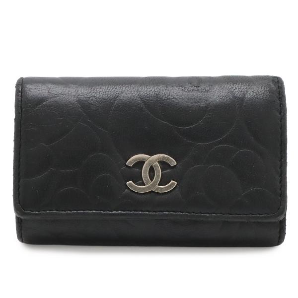 CHANEL シャネル カメリア ココマーク 6連キーケース レザー ブラック 黒 シルバー金具 A...