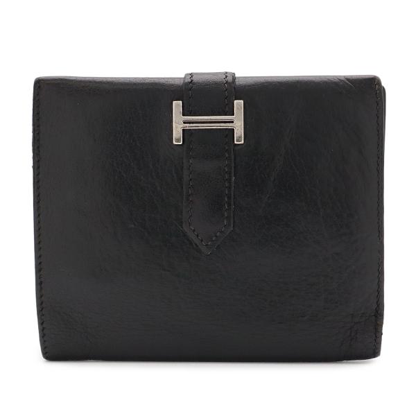 HERMES エルメス ベアンコンパクト 2つ折り財布 二つ折り財布 レザー ブラック 黒 シルバー...