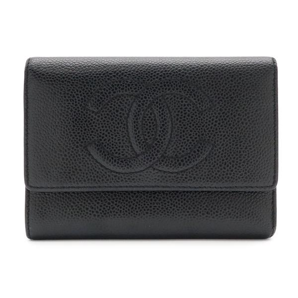 CHANEL シャネル ココマーク 3つ折財布 三つ折り財布 キャビアスキン レザー ブラック 黒 ...