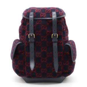 GUCCI グッチ GGウール バックパック リュックサック デイパック レザー ネイビー 紺 レッド 赤 ゴールド金具｜blumin