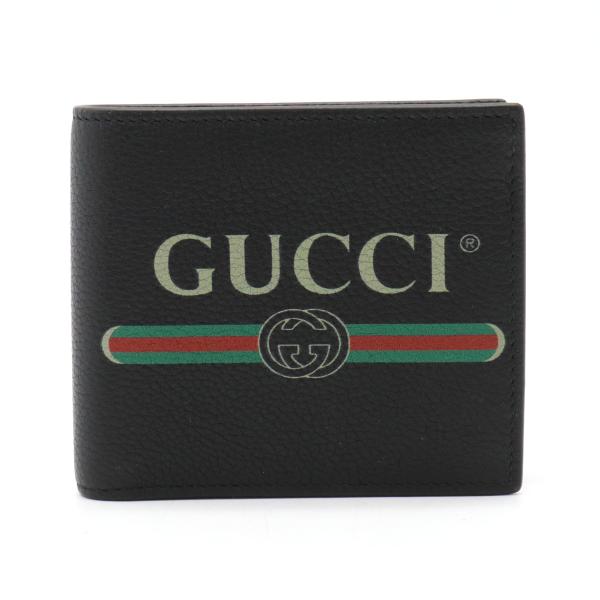 GUCCI グッチ グッチプリント ヴィンテージロゴ 2つ折財布 二つ折り財布 レザー ブラック 黒...