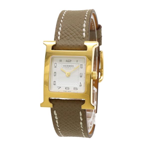 HERMES エルメス Hウォッチ ゴールド文字盤 GP ベルト レディース クォーツ 腕時計 HH...