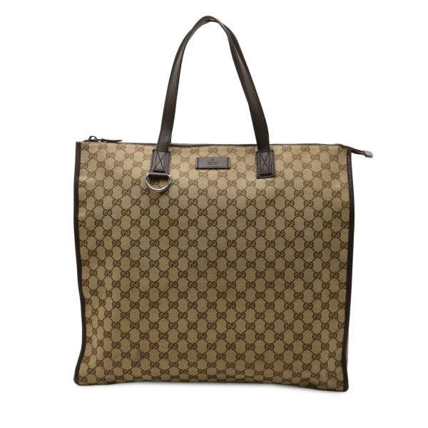 GUCCI グッチ GGキャンバス トートバッグ ラージトート ショルダーバッグ レザー カーキベー...