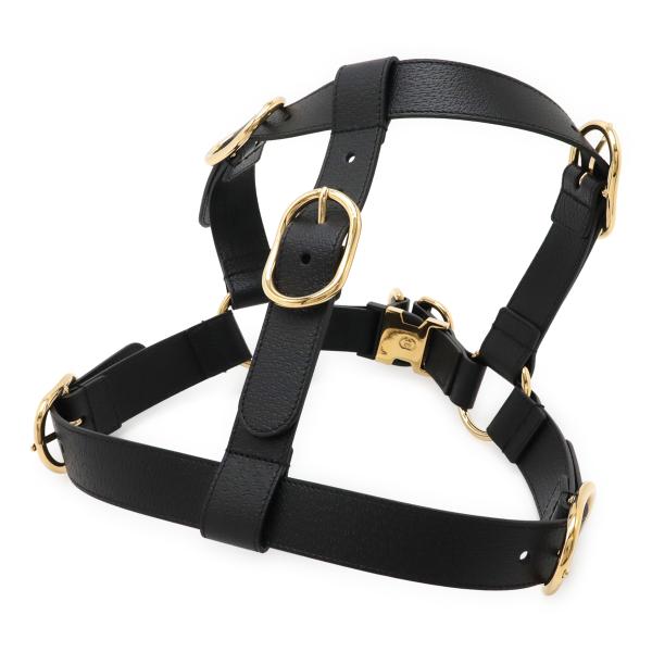 GUCCI グッチ ペット ハーネス 犬 胴輪 レザー ブラック 黒 ゴールド金具 Lサイズ 695...