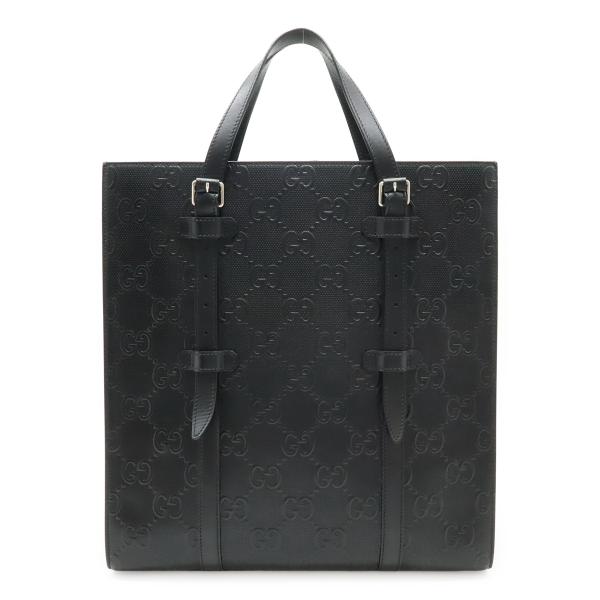 GUCCI グッチ GGエンボス トートバッグ 縦長 レザー ブラック 黒 シルバー金具 70042...