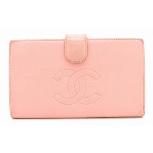 Chanel シャネル キャビアスキン がま口 ガマ口 長財布 公式ショップ レザー S ココマーク ピンク 中古 A
