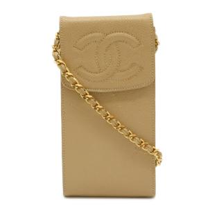 Chanel シャネル ココマーク チェーンポシェット ショルダー 携帯ケース キャビアスキン レザー ベージュ チェーン ショルダー ゴールド