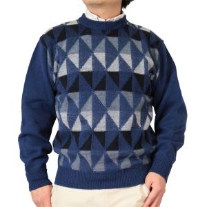セーター 丸首(クルー) ダイヤ柄 ウール100% 日本製 7ゲージ 紳士