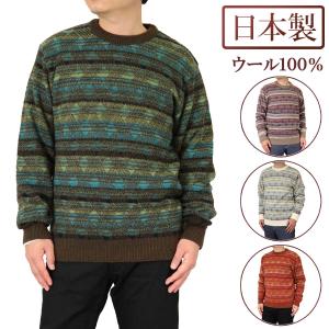 日本製 クルーネック セーター ウール混 長袖 メンズ 丸首 格子柄 冬