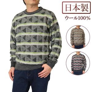 セーター 丸首(クルー) ボーダー柄 ウール100% 日本製 7ゲージ 紳士/メンズ 送料無料 (3129)｜bm-knit