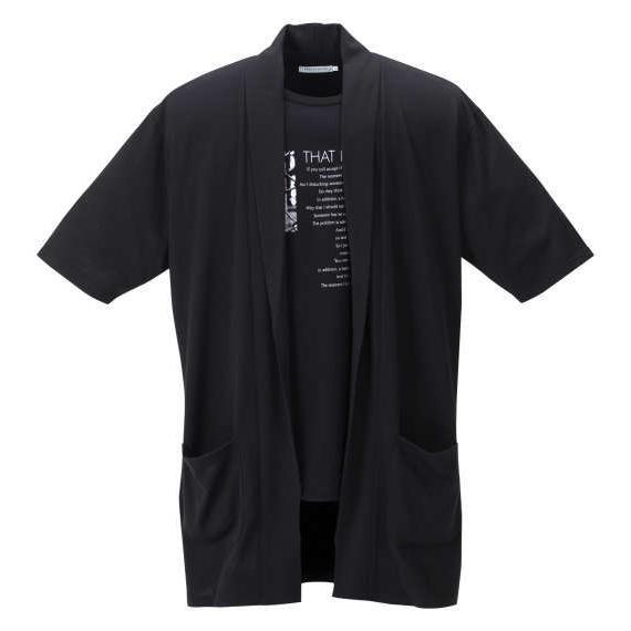 大きいサイズ メンズ launching pad 五分袖 コーディガン + 半袖 Tシャツ ブラック...