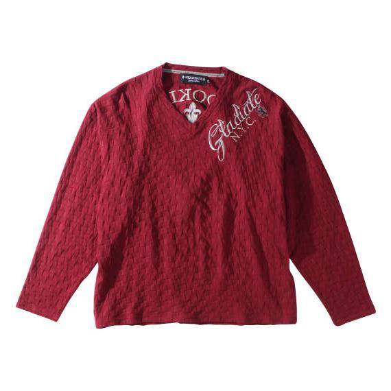 大きいサイズ メンズ GLADIATE 刺繍ブロックジャガード 長袖 Vネック Tシャツ バーガンデ...