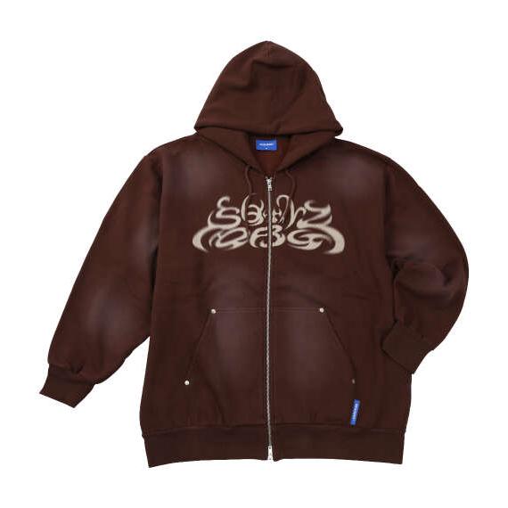 大きいサイズ メンズ SEQUENZ パウダースプレーブリーチ加工 フルジップ パーカー ブラウン ...