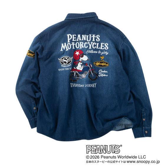 大きいサイズ メンズ FLAGSTAFF×PEANUTS スヌーピーコラボ デニム 長袖 シャツ ネ...
