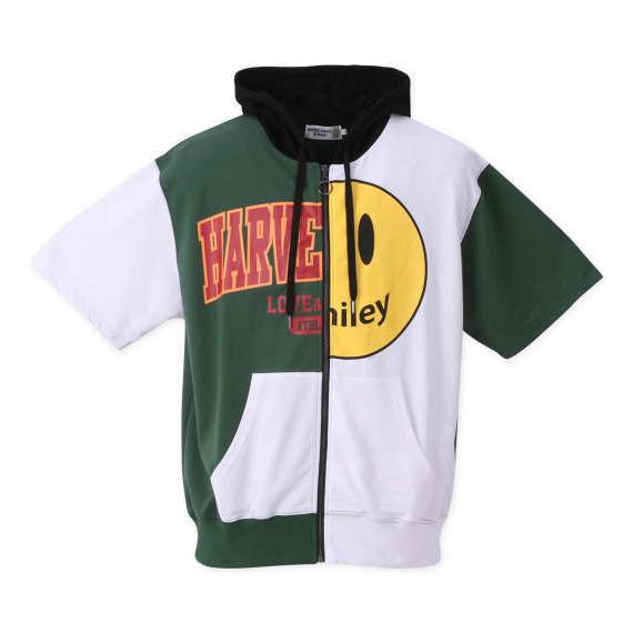 大きいサイズ メンズ SMILEY FACE リメイクカレッジ 半袖 フルジップ パーカー グリーン...