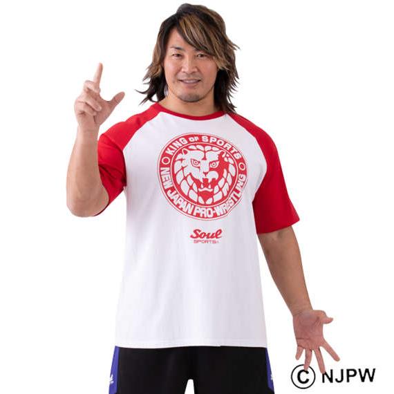 大きいサイズ メンズ SOUL SPORTS × 新日本プロレス ラグラン 半袖 Tシャツ ホワイト...