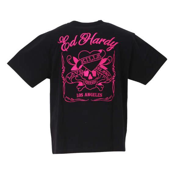 大きいサイズ メンズ Ed Hardy 天竺プリント&amp;刺繍 半袖 Tシャツ ブラック × ピンク 1...