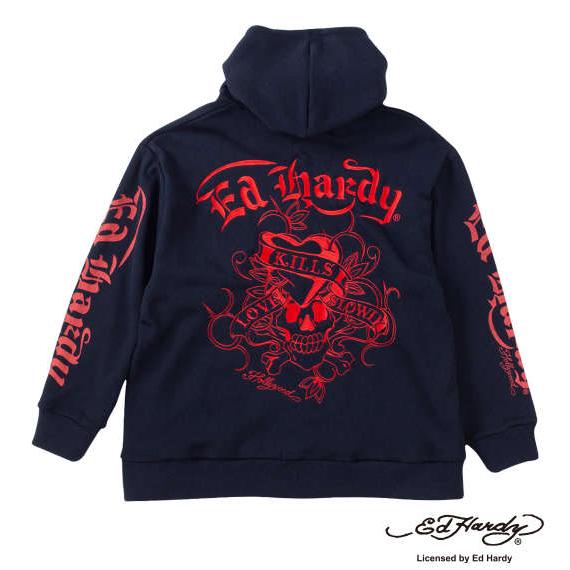 大きいサイズ メンズ Ed Hardy ニット フリース刺繍 &amp; プリント フルジップ パーカー ネ...