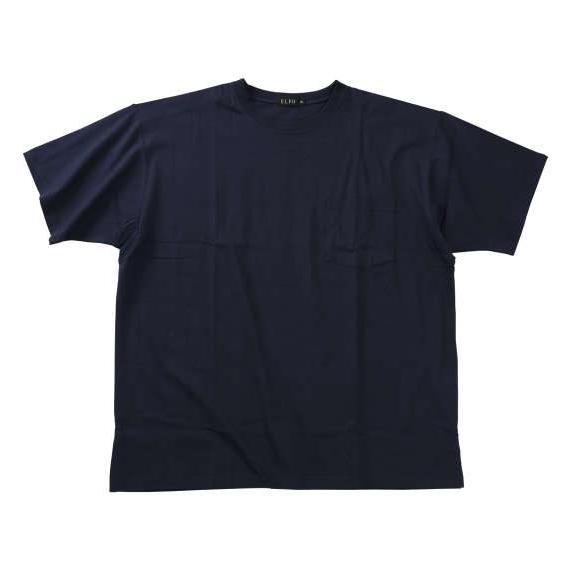 大きいサイズ メンズ EL.FO 無地 ポケット付 タフ衿 クルーネック 半袖 Tシャツ ネイビー ...