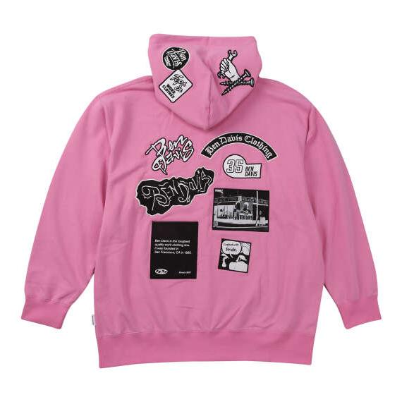 大きいサイズ メンズ BEN DAVIS 裏毛マルチワッペン プル パーカー ピンク 1278-61...