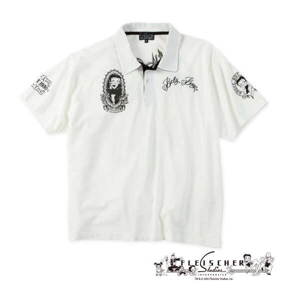 大きいサイズ メンズ BETTY BOOP 鹿の子刺繍&amp;プリント 半袖 ポロシャツ オフホワイト 1...