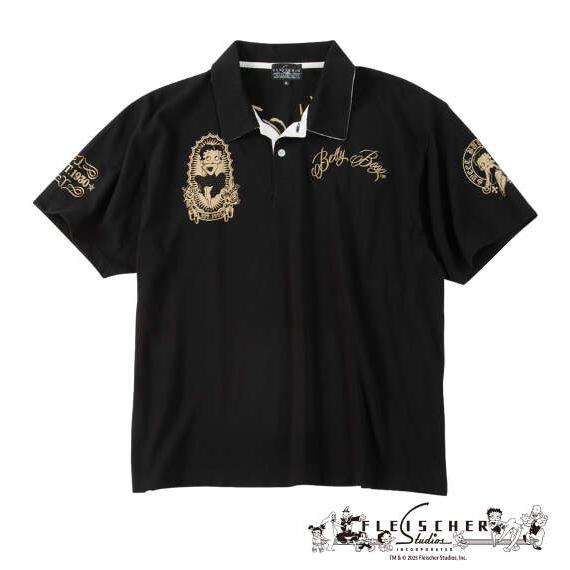 大きいサイズ メンズ BETTY BOOP 鹿の子刺繍&amp;プリント 半袖 ポロシャツ ブラック 127...