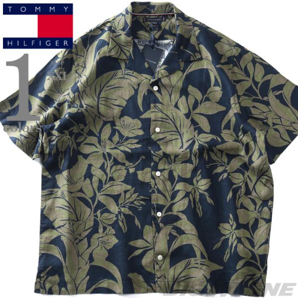 大きいサイズ メンズ TOMMY HILFIGER トミーヒルフィガー 麻100% 総柄 半袖 オー...