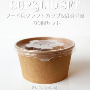 クラフトカップ 350ml フード紙カップ ＆ 半透明フラット蓋 100個セット テイクアウト 容器 takeout お持ち帰り おしゃれ 紙コップ EC168｜bmt-store