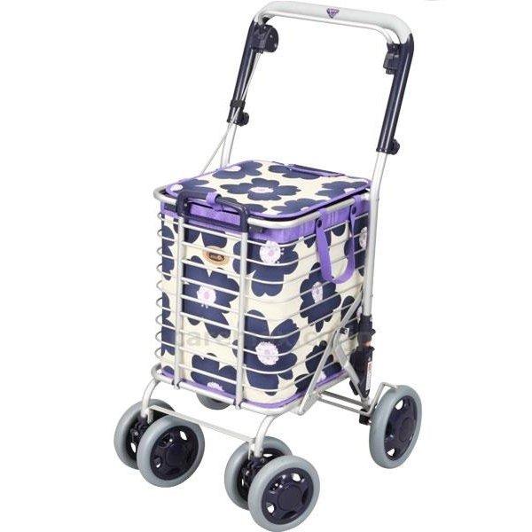 バッグ付アルミワイヤーカート（ブレーキ付） 花柄青 軽量 敬老の日 買いものカート 送料無料 おしゃ...