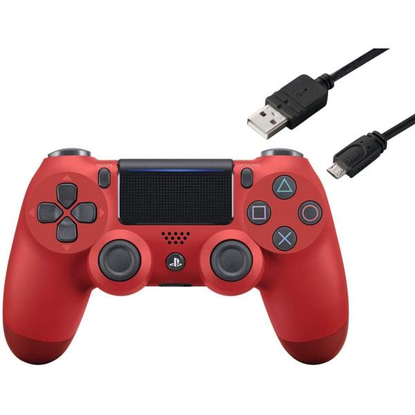 【純正品】ワイヤレスコントローラー (DUALSHOCK 4) マグマ・レッド 充電ケーブル3m付き