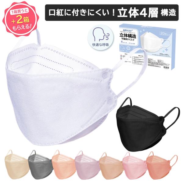 マスク 立体マスク 血色カラー 不織布マスク ３Dマスク 4層構造 20枚 3箱 大人用 使い捨て ...