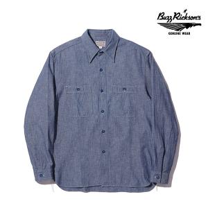 バズリクソンズ【BUZZ RICKSON'S】BR25995 BLUE CHAMBRAY WORK SHIRTS シャンブレーシャツ シャツ ブルー メンズ 長袖 ロゴ シンプル 日本製｜bobsstore