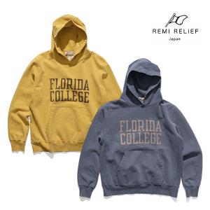 レミ レリーフ【REMI RELIEF】SP加工裏毛パーカー(FLORIDA COLLEGE) フーディー ダメージ加工 ロゴ 長袖 フード ユニセックス 日本製｜bobsstore