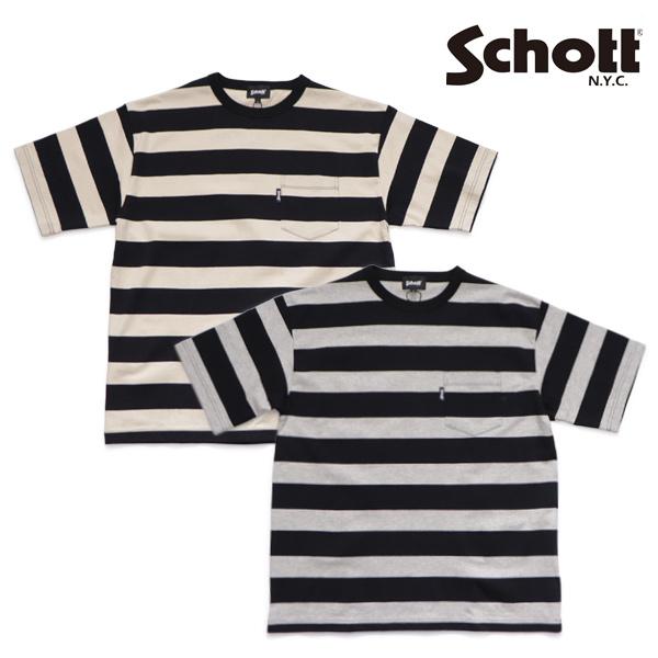 ショット【Schott】WIDE BORDER POCKET T-SHIRT ワイドボーダー ポケッ...