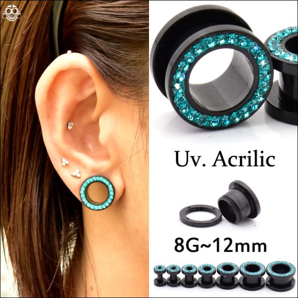 ボディピアス 00G 12mm(1/2") ゴージャス ブラック&amp;ブルージルコン アクリルピアス フ...