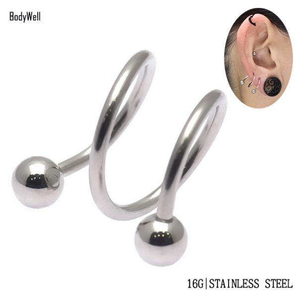 ボディピアス 16G 2つのホールを繋ぐ ダブルスパイラル スパイラルバーベル オービタル ロブ へ...
