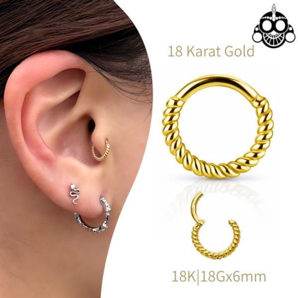 K18 18g 18金ゴールド 内径6mm ツイスト ワンタッチピアス 18K セグメントリングピア...