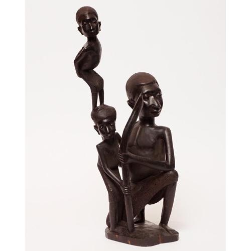 アフリカ　タンザニア　マコンデ　3人　51cm　木彫り　立像　黒檀　一刀彫
